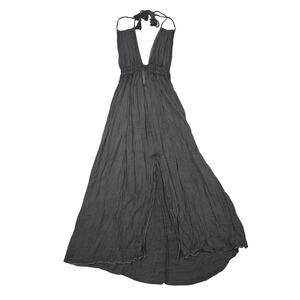 Raviya Dress Women Med Gray Crinkle Halter Maxi Plunge Backless Boho Beach Vacay
